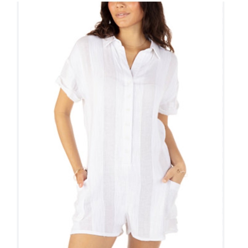Hurley White Gauze Textured Striped Short Sleeve Romper Jumpsuit Oversized Small